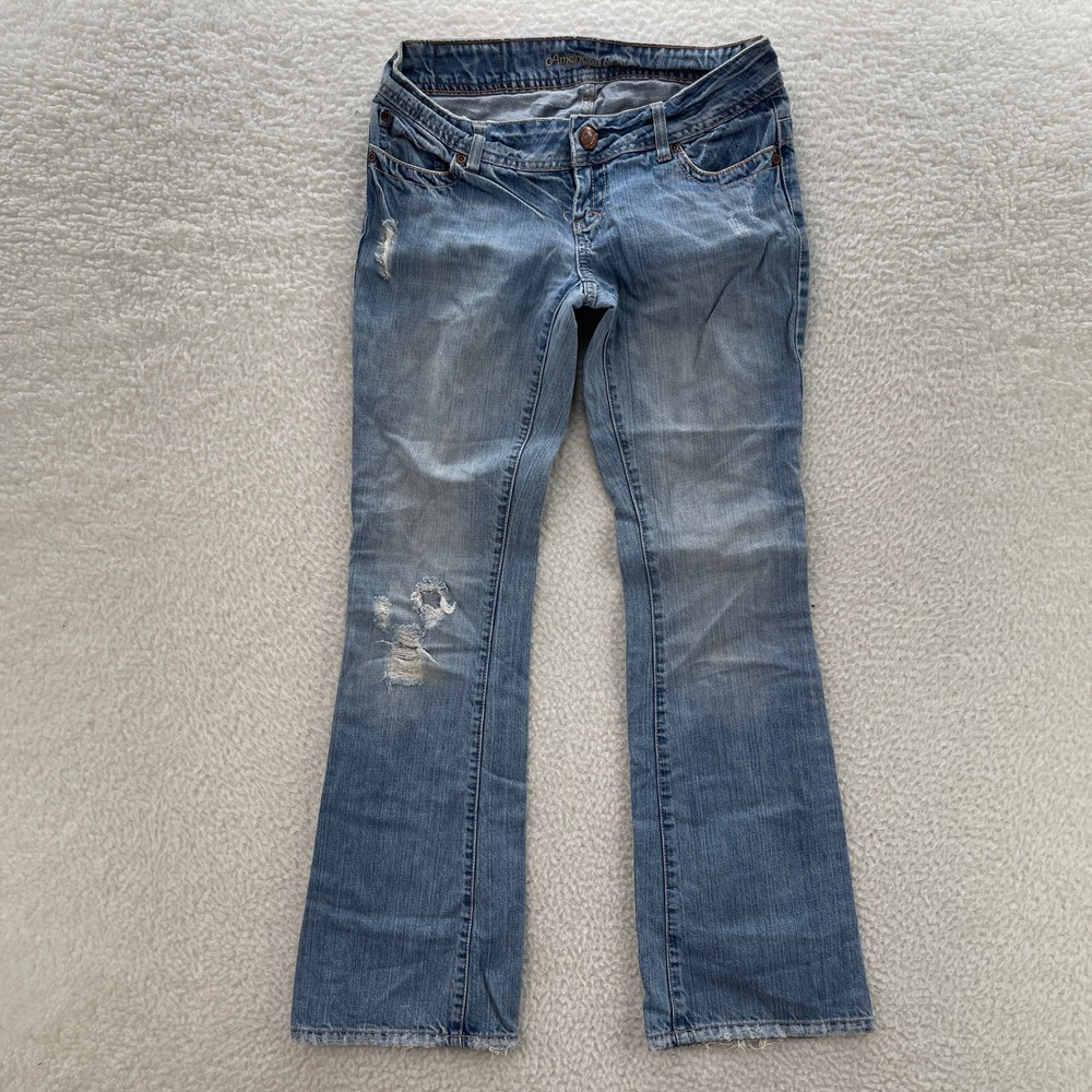 American Eagle Jeans Womens 4 Reg Blue Artist Flare Low Rise Distressed Boho Y2K
